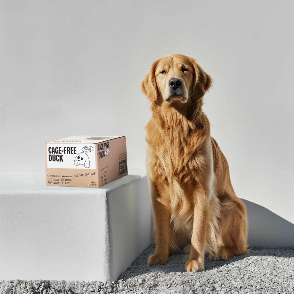 Golden retriever sitting next to a box labeled 'Cage-Free Duck' on a gray surface with a white background