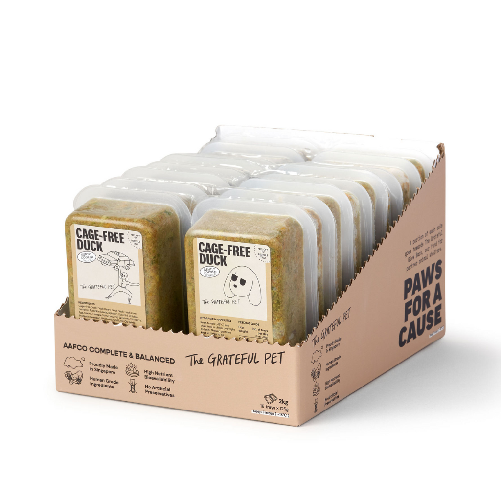 Box of 'The Grateful Pet' duck pet food with visible branding on a white background