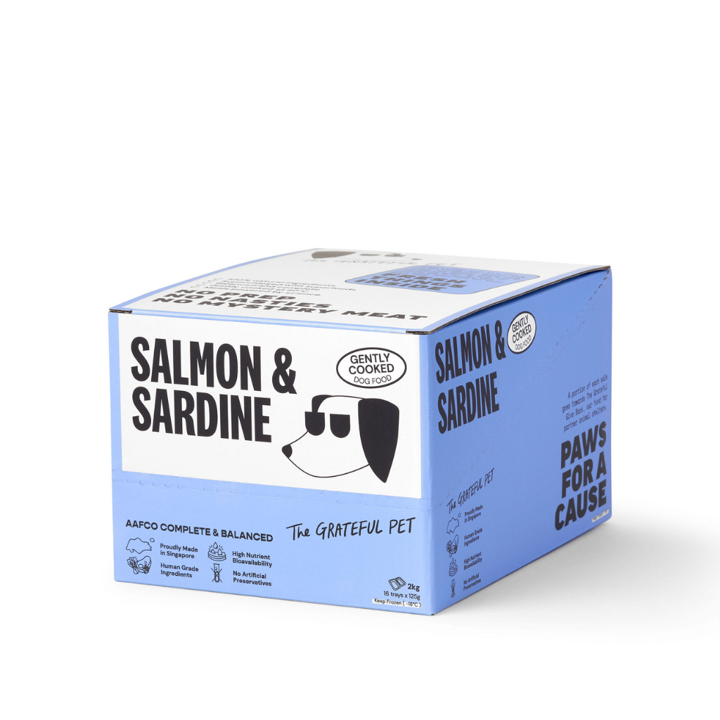 Box of Salmon & Sardine pet food with branding on a white background