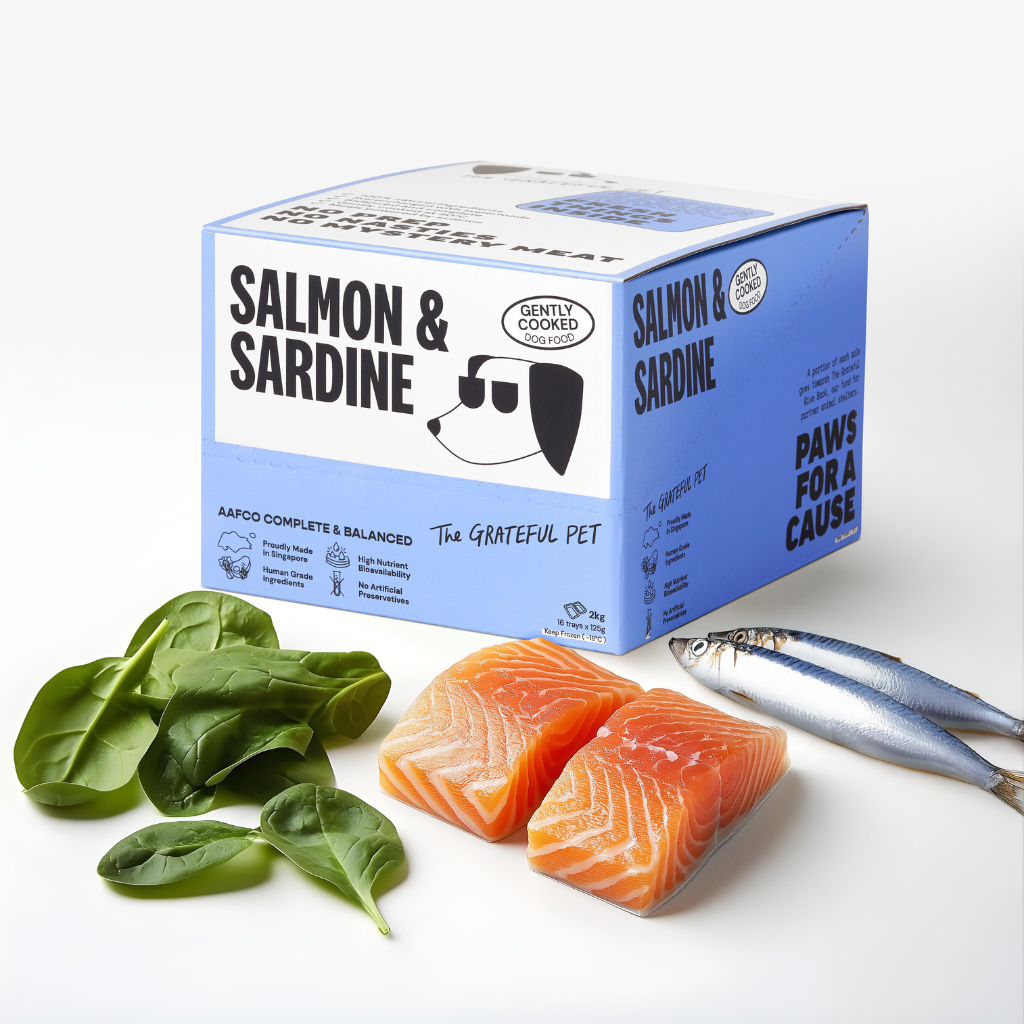 Pet food packaging with salmon, sardines, and spinach on a white background
