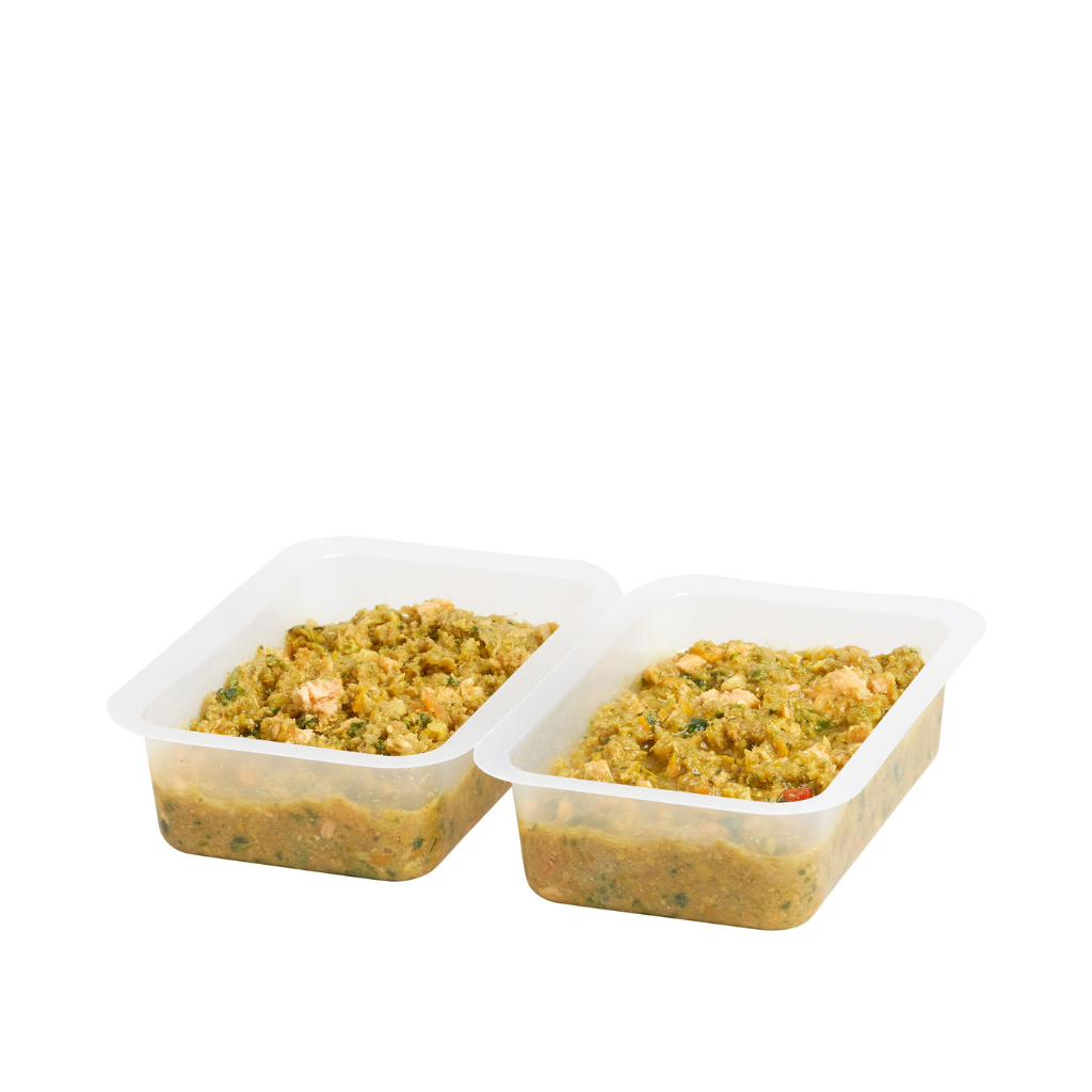 Two containers of pet food on a white background