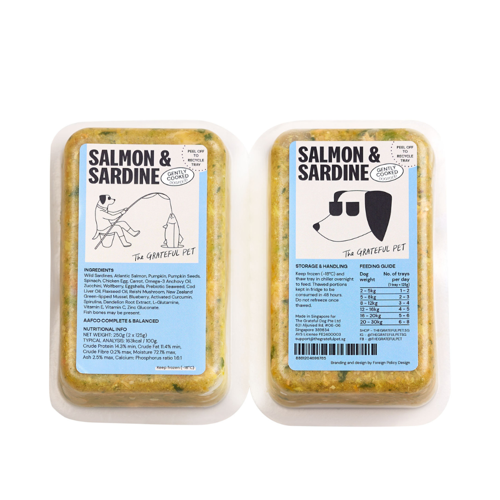 Two packages of Salmon & Sardine pet food with labels on a white background