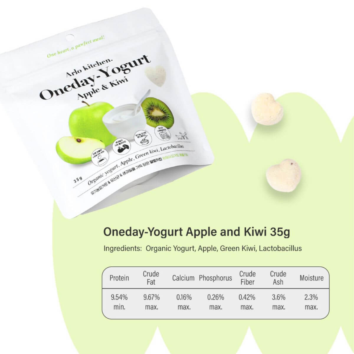 Nutritional facts of Arlo Kitchen Oneday Yogurt Apple and Kiwi against a white background.