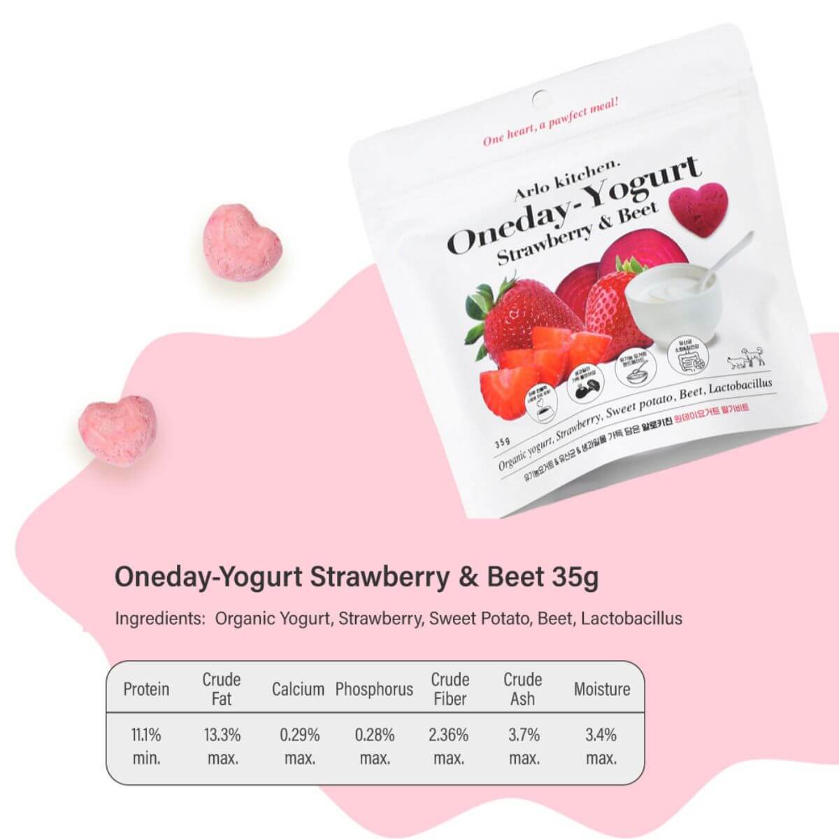 Nutritional facts of the Arlo Kitchen Oneday Yogurt Strawberry and Beet against a white background.