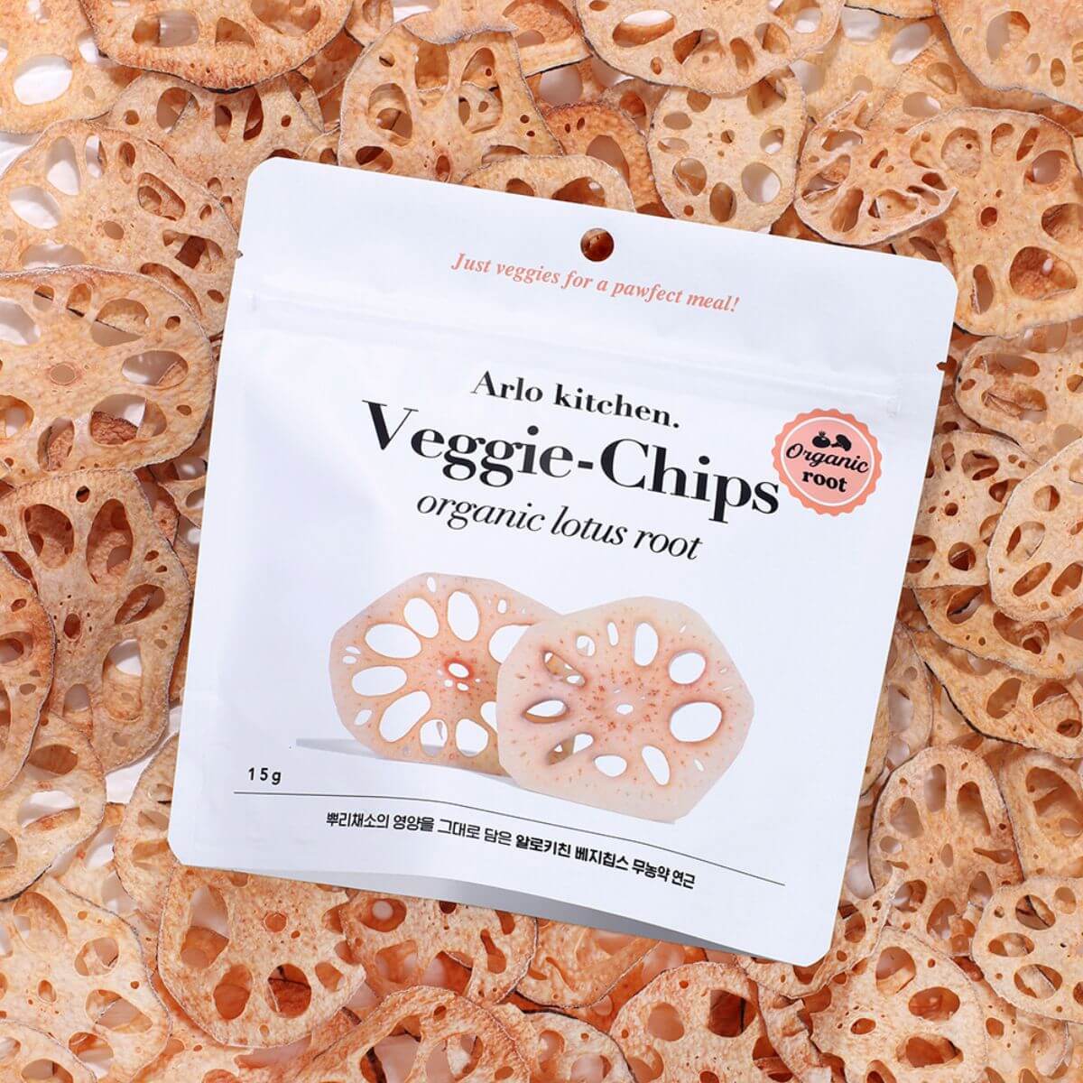 Arlo Kitchen Veggie Chips Organic Lotus Root against a bunch of lotus.