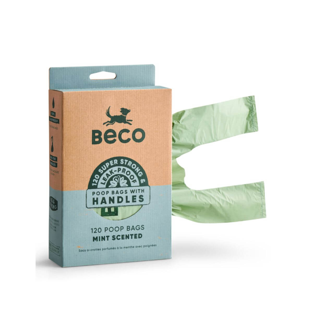 Beco mint scented poop bags 120 pack against a white background.