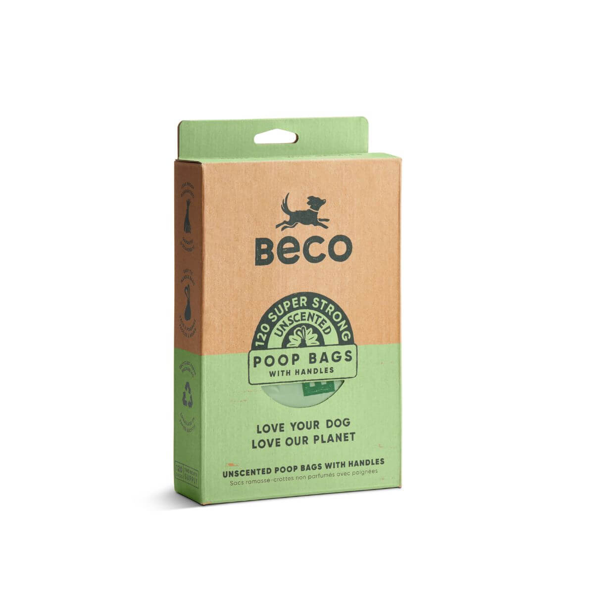 Beco Unscented Poop Bags with Handles against a white background.