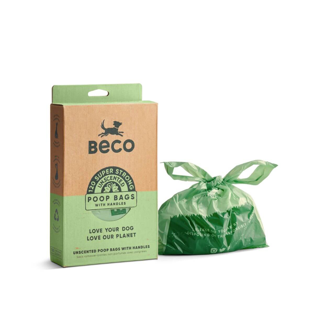 Beco Unscented Poop Bags with Handles against a white background.