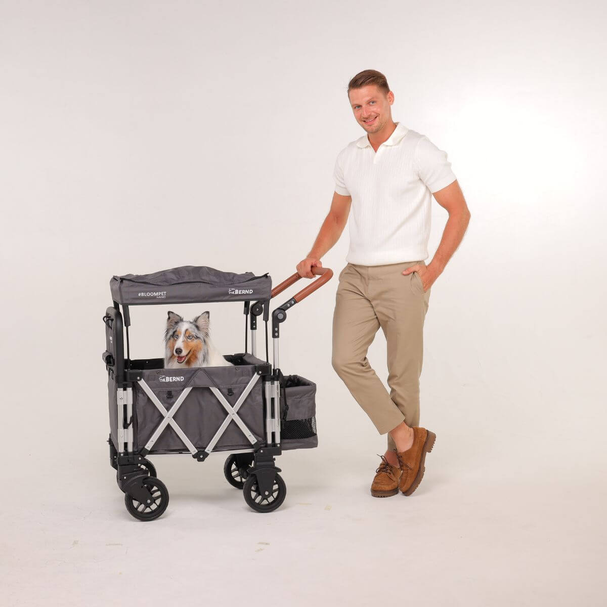 A man pushing a dog in the Bernd Pets Bloom Nano in Baloo Grey against a white background with a dog in it.