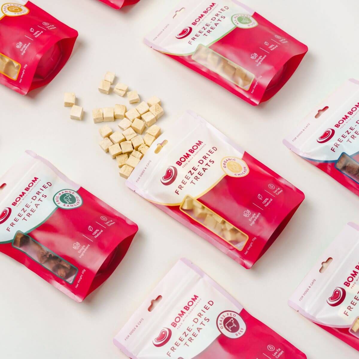 bom bom freeze dried treats against a white background.