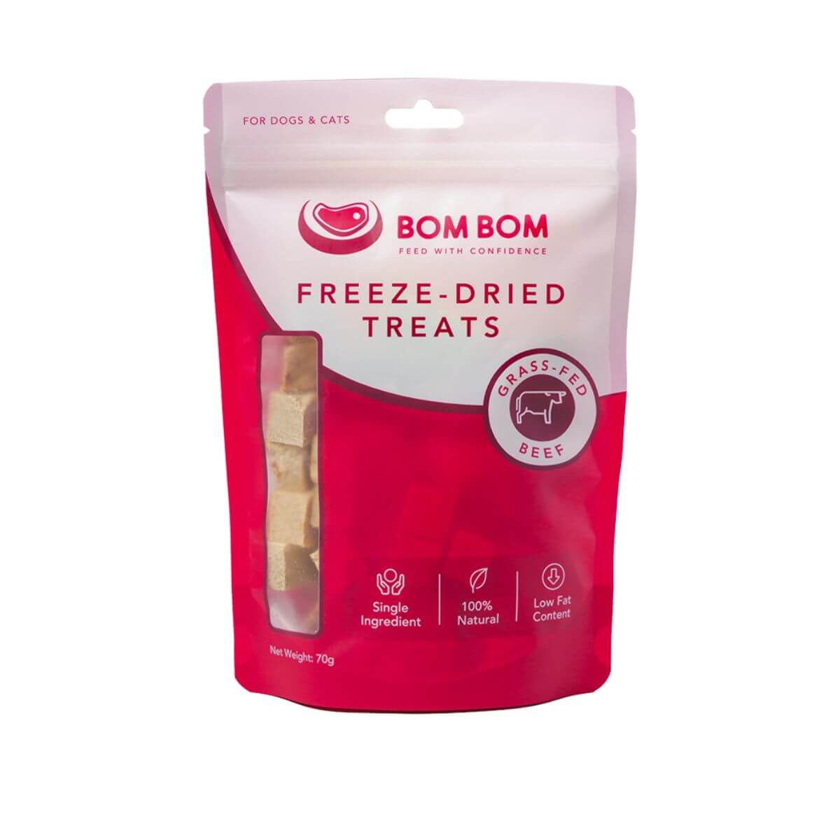 bom bom freeze dried treats beef against a white background.