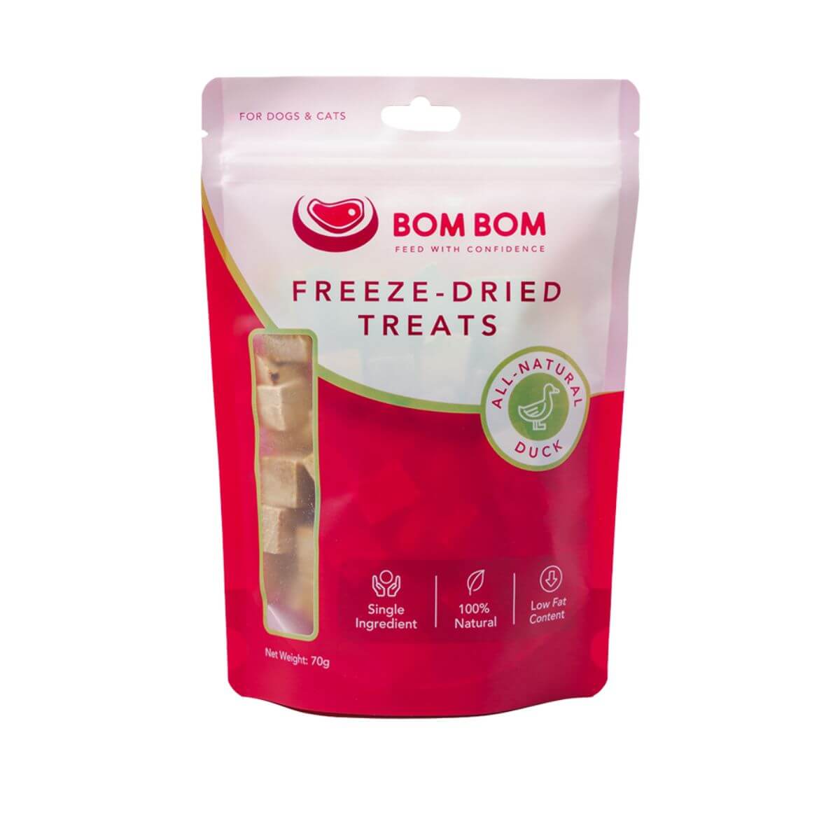 bom bom freeze dried treats duck against a white background.