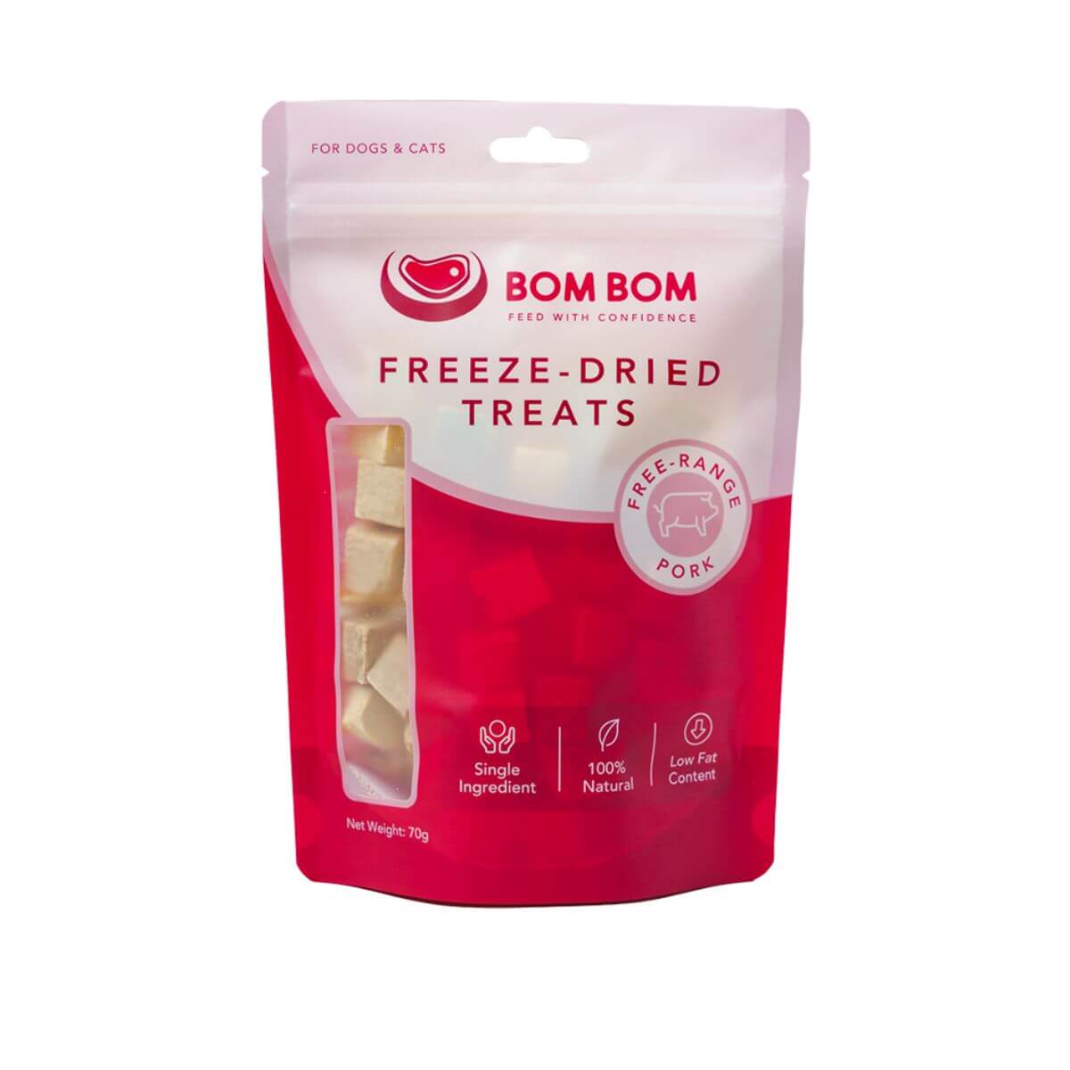 bom bom freeze dried treats pork against a white background.