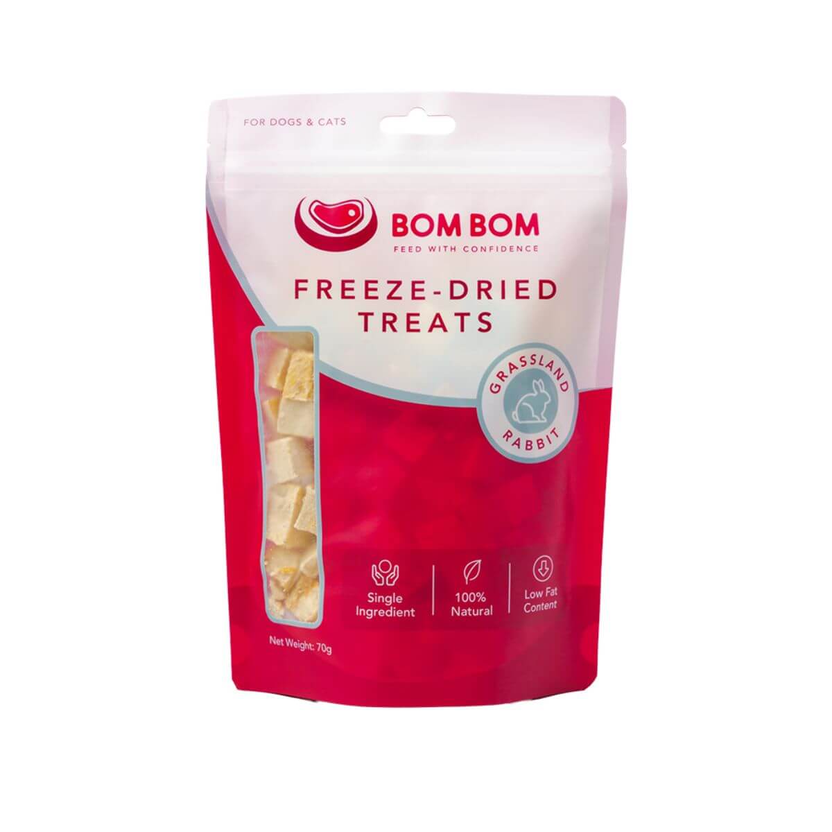 bom bom freeze dried treats rabbit against a white background.