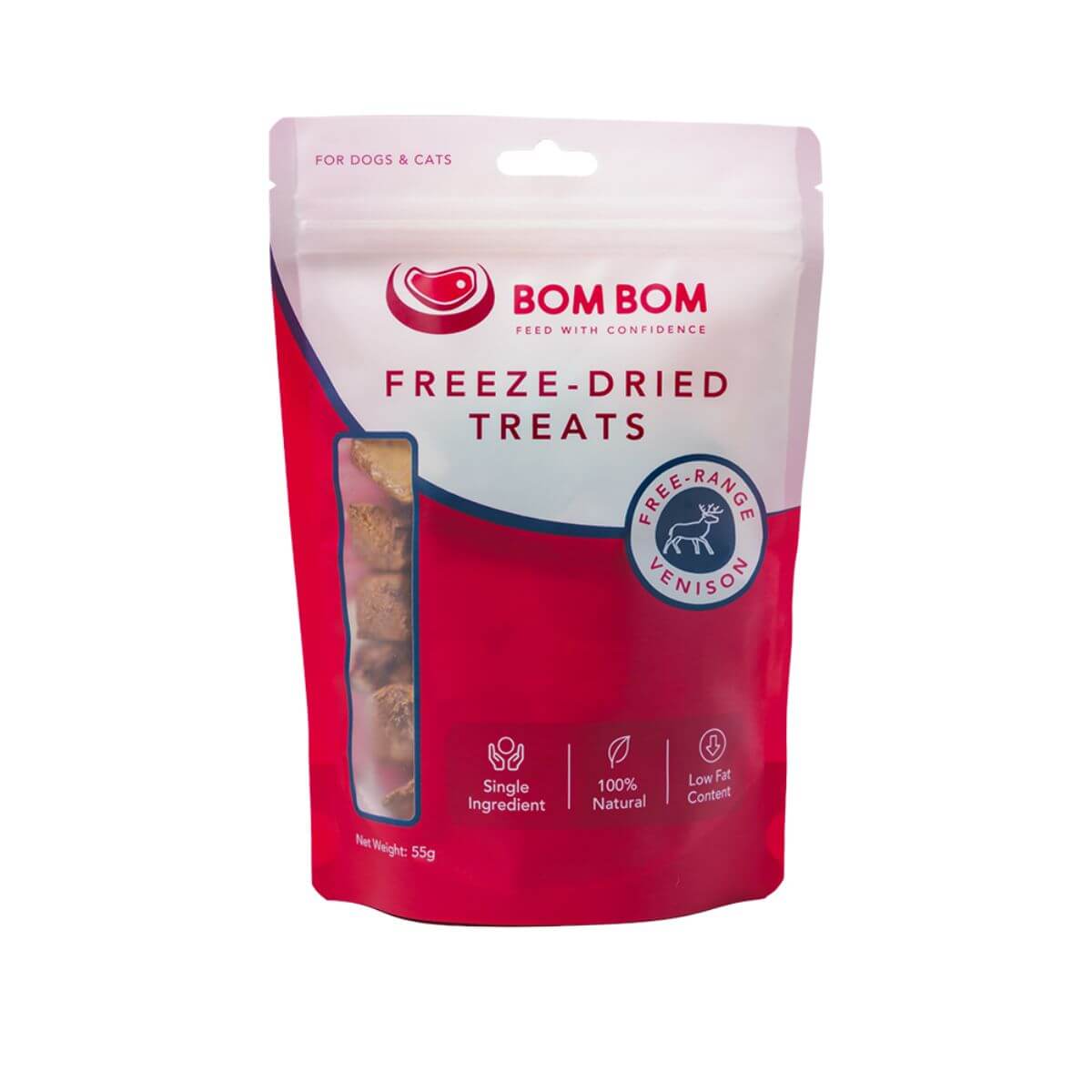 bom bom freeze dried treats venison against a white background.