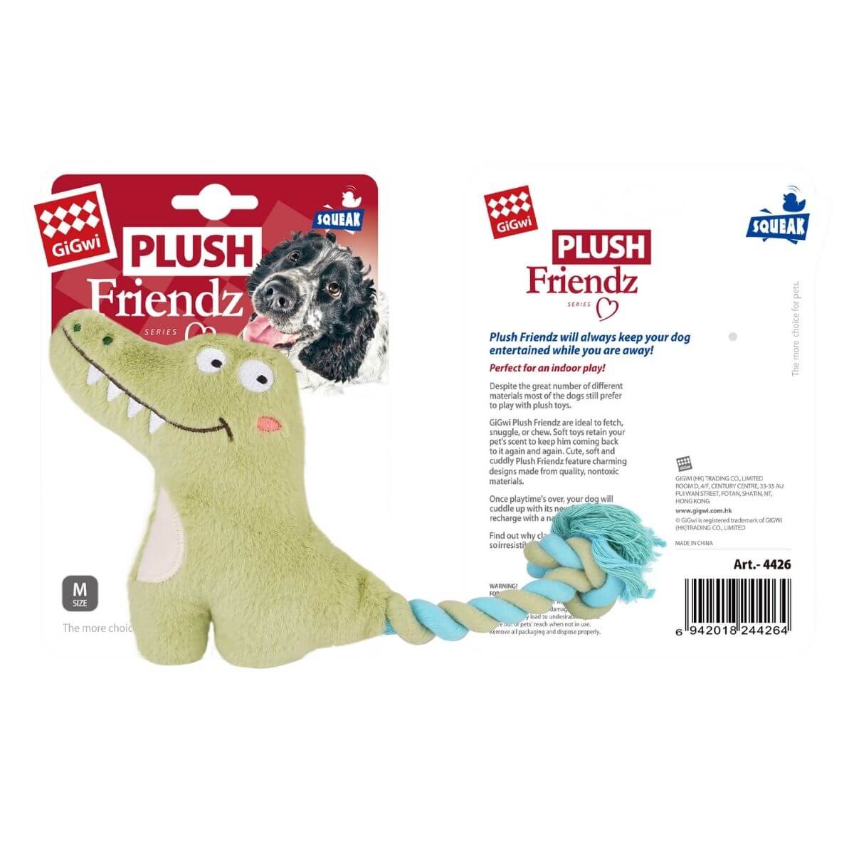 gigwi plush friendz crocodile with rope tail against a white background.