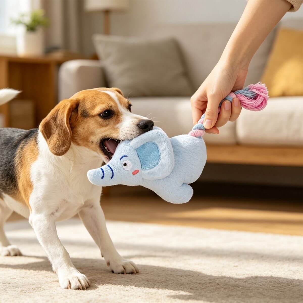 a beagle playing with the gigwi plush friendz elephant with rope tail against  a living room backdrop.