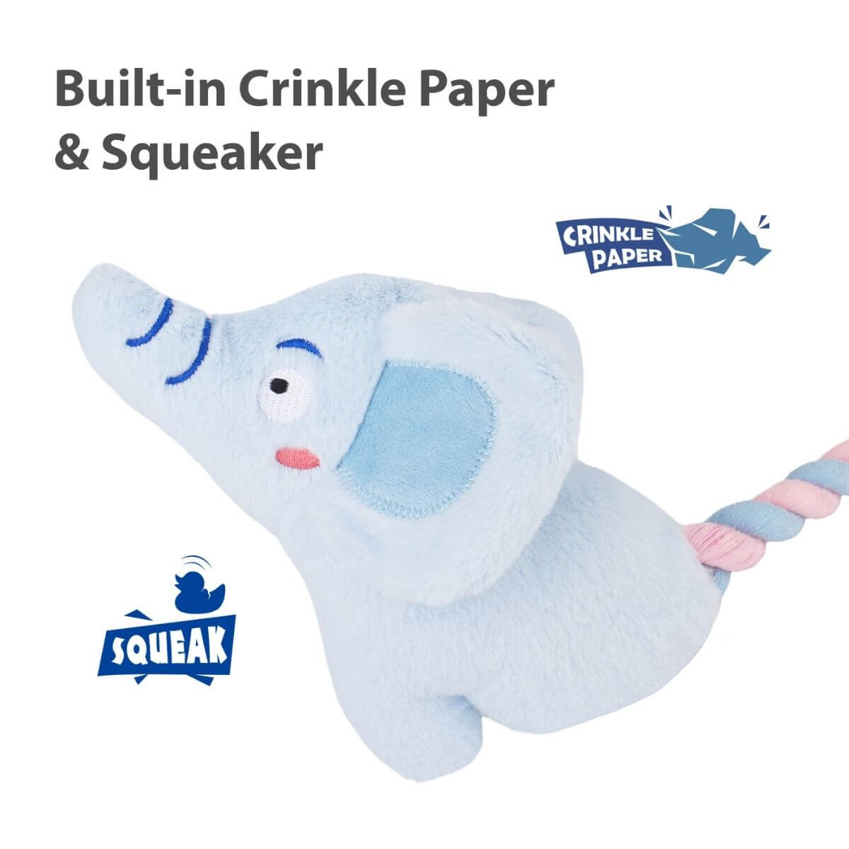 gigwi plush friendz elephant with rope tail against a white background.