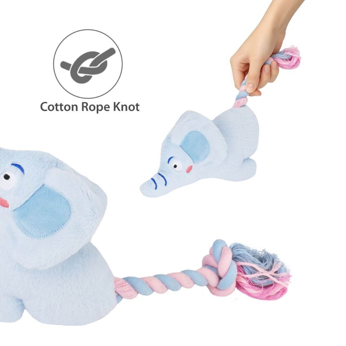 gigwi plush friendz elephant with rope tail against a white background.