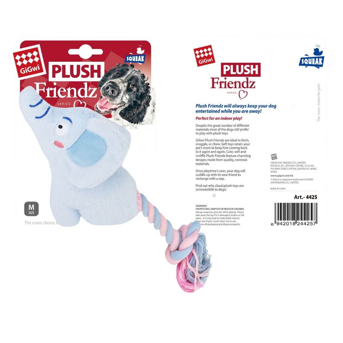 gigwi plush friendz elephant with rope tail against a white background.