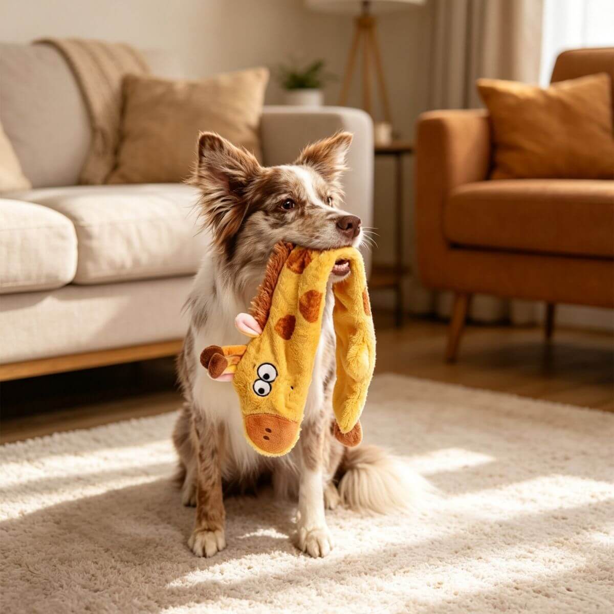 a dog holding the gigwi plush friendz giraffe in its mouth against a living room backdrop.
