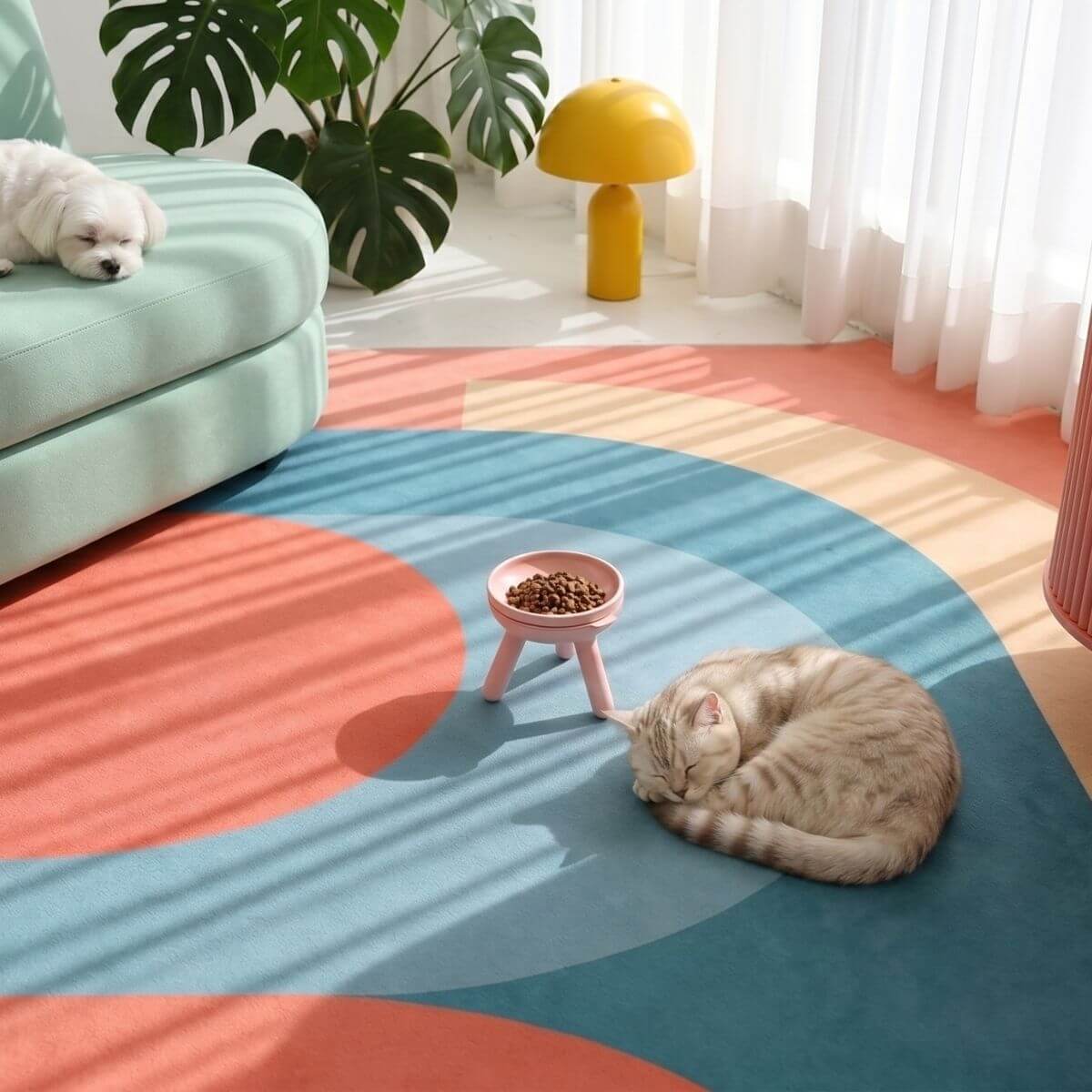 inherent outdoor oreo table in baby pink in a living room next to a sleeping cat.