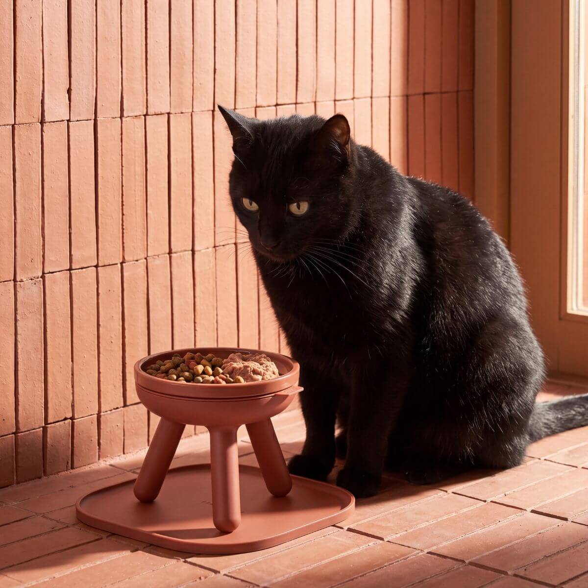inherent outdoor oreo table brick against a terracotta background and a black cat beside it. 