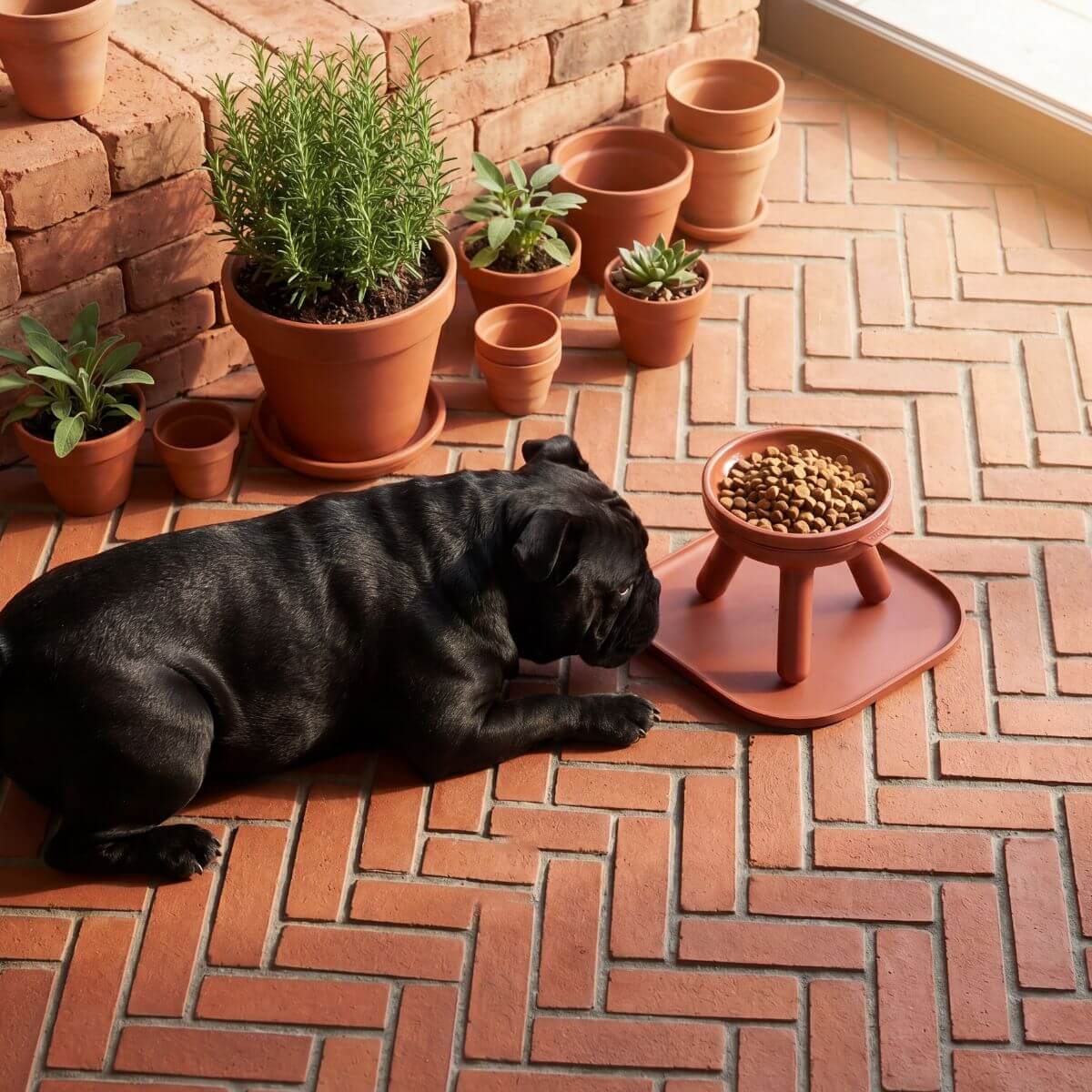 inherent outdoor oreo table brick and a pug lying beside it.