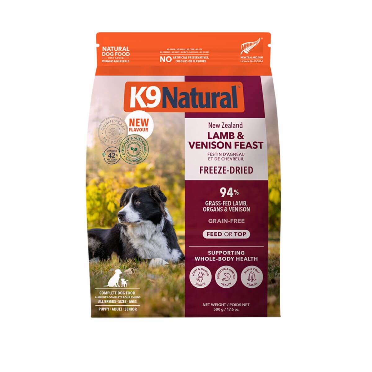 K9 Natural Lamb and Venison Feast 500g against a white background.