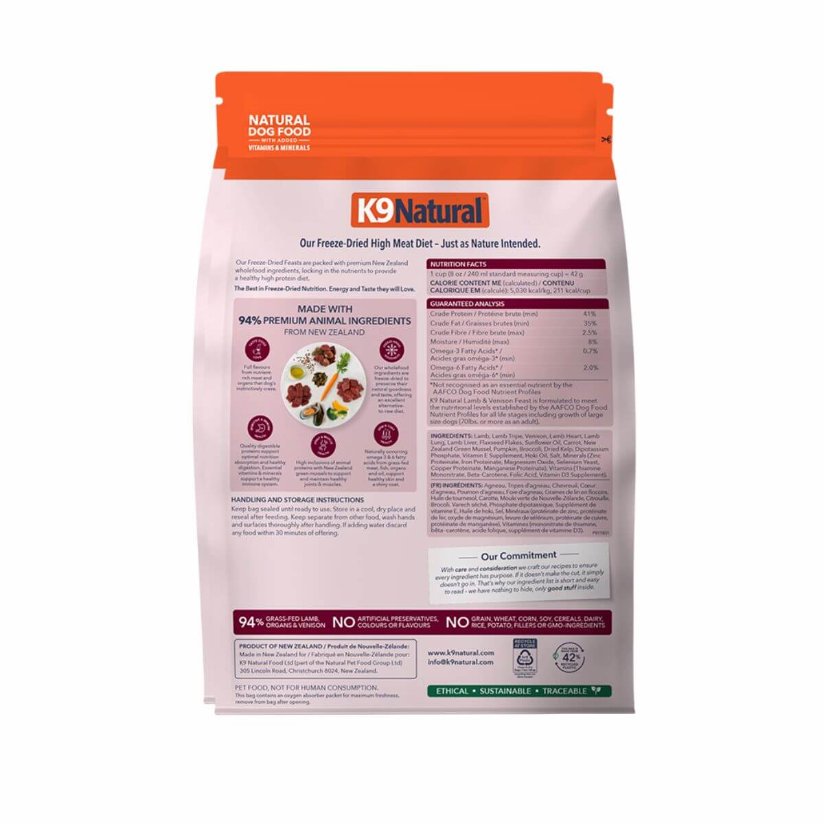 K9 Natural Lamb and Venison Feast 500g against a white background.