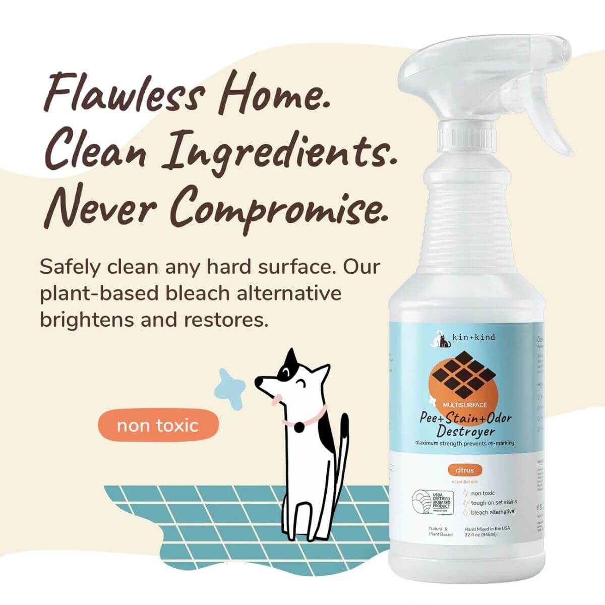 Non-toxic description of the kin+kind Multi-Surface Spray. 