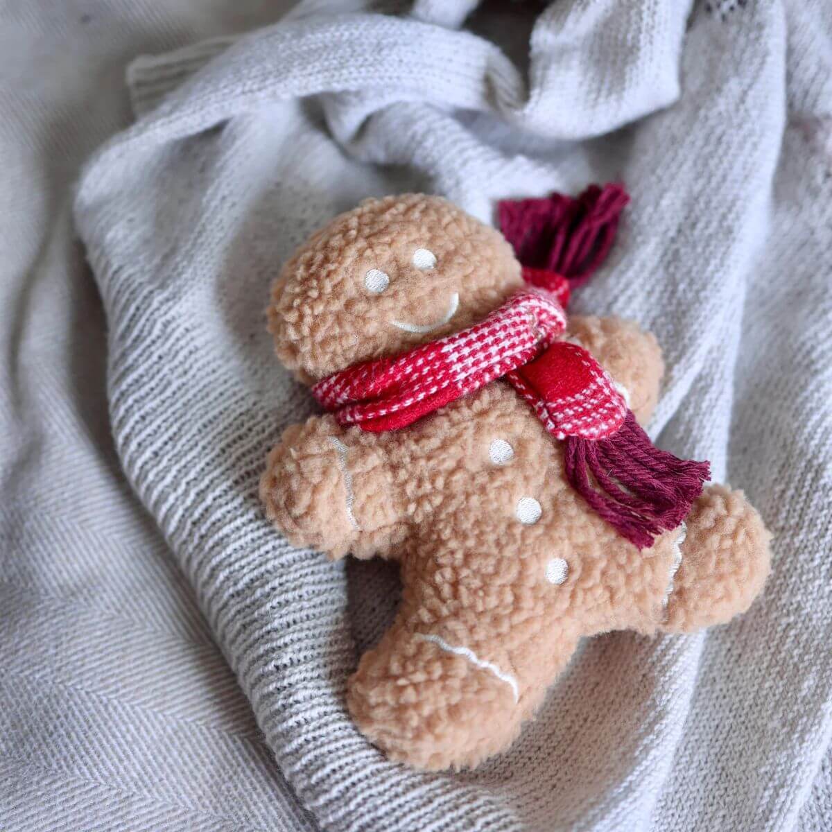 Lambwolf Mister Gingerbread against soft fabric as backdrop.