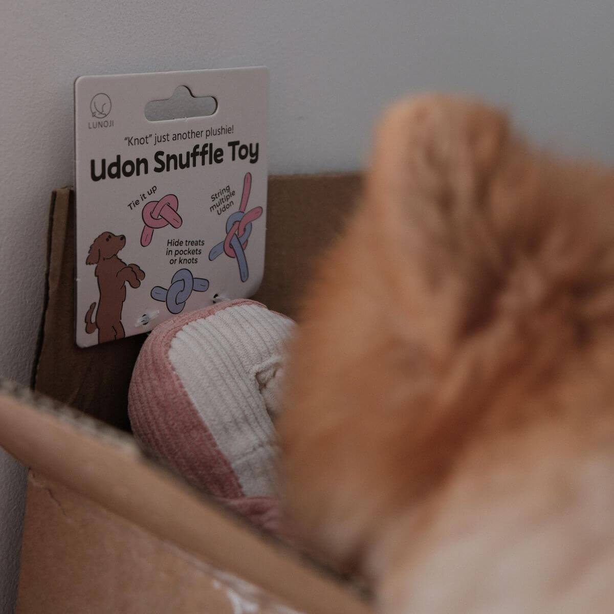 Lunoji Udon Snuffle Blush Pink in a cardboard box.