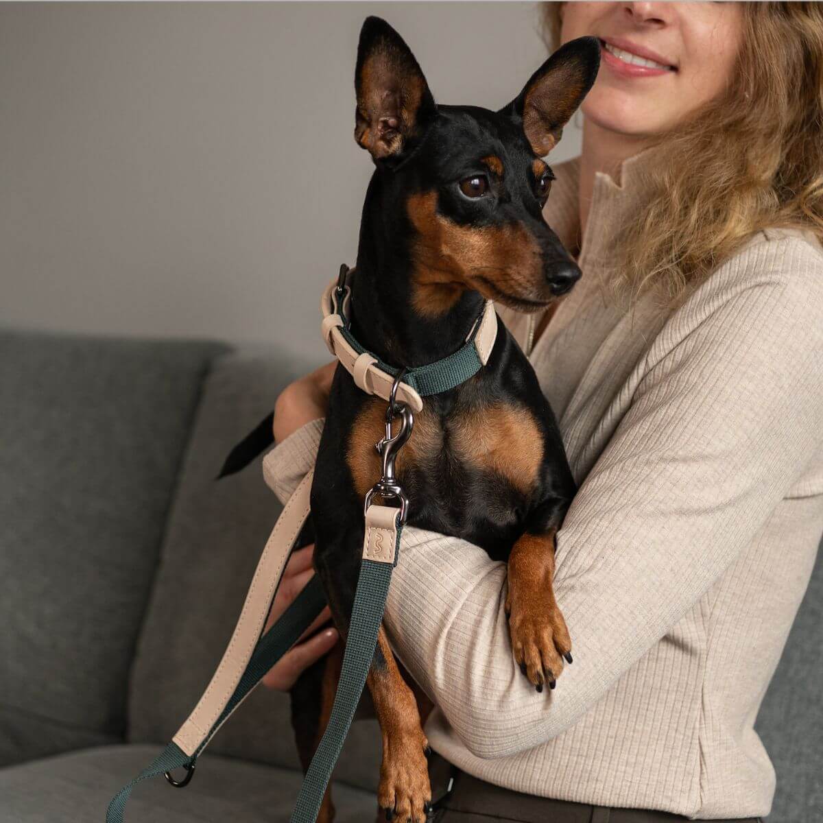 A dog wearing the Masimalo Lead in Natural / Pine and matching collar.
