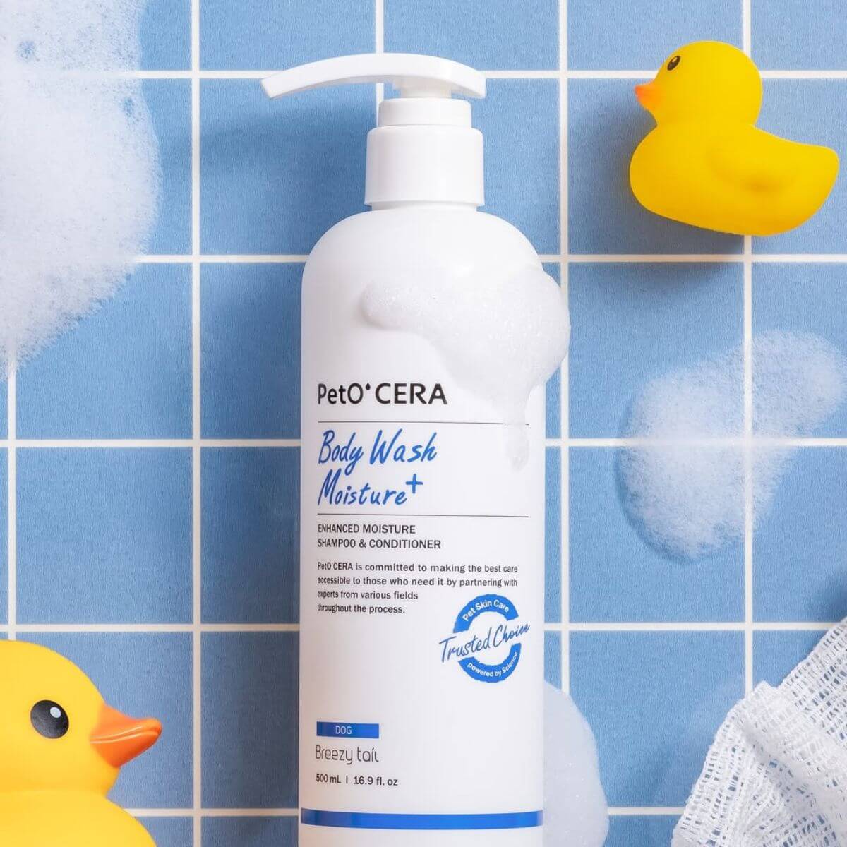 PetO'CERA Body Wash Moisture Plus against blue bathroom tiles with rubber ducks beside it.