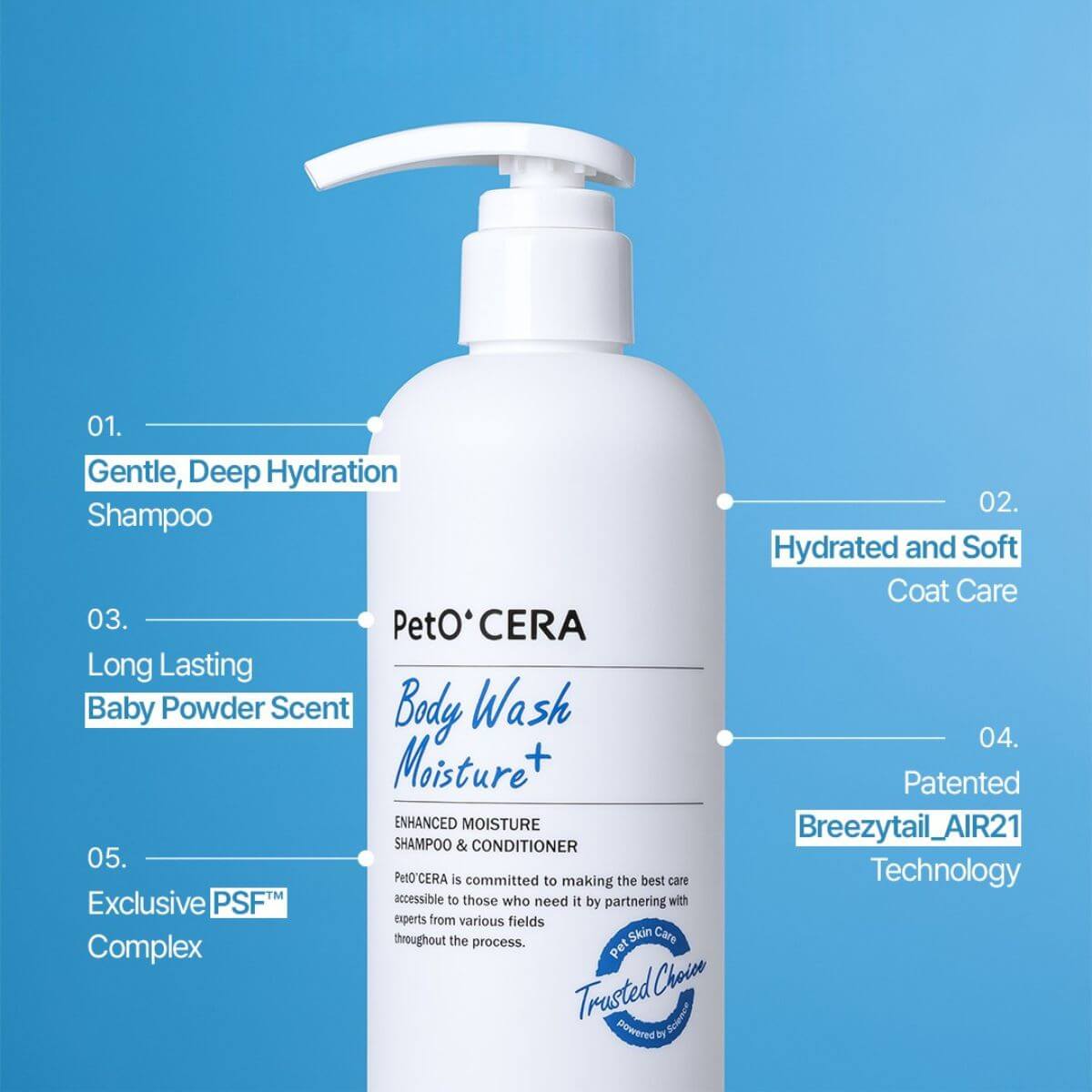 The benefits of the PetO'CERA Body Wash Moisture Plus.