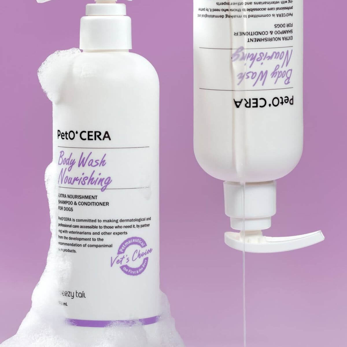PetO'CERA Body Wash Nourishing  against a purple background with lather and soap dripping down the sides of the bottle.