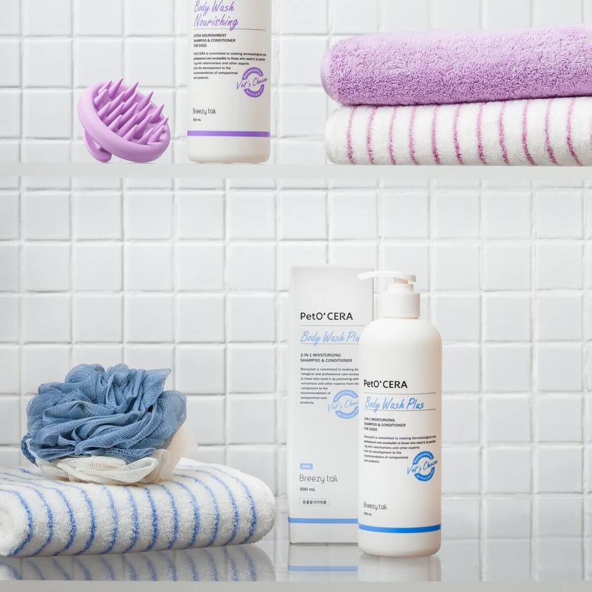 PetO'CERA Body Wash Nourishing against a white bathroom tile as backdrop.