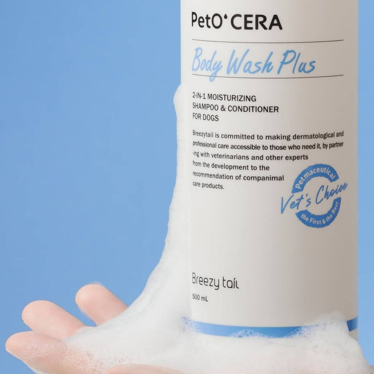 A closeup shot of the PetO'CERA Body Wash Plus balancing on a palm.