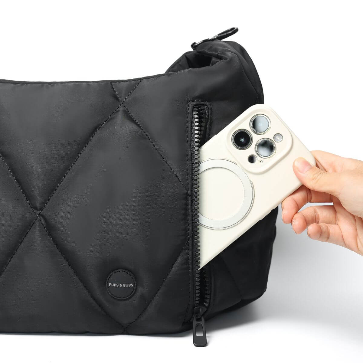 Pups & Bubs Cloud Crossbody Carrier in Black with a side pocket.