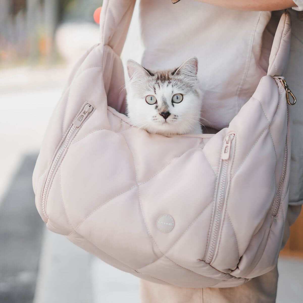 A cat inside the Pups & Bubs Cloud Crossbody Carrier in Latte.