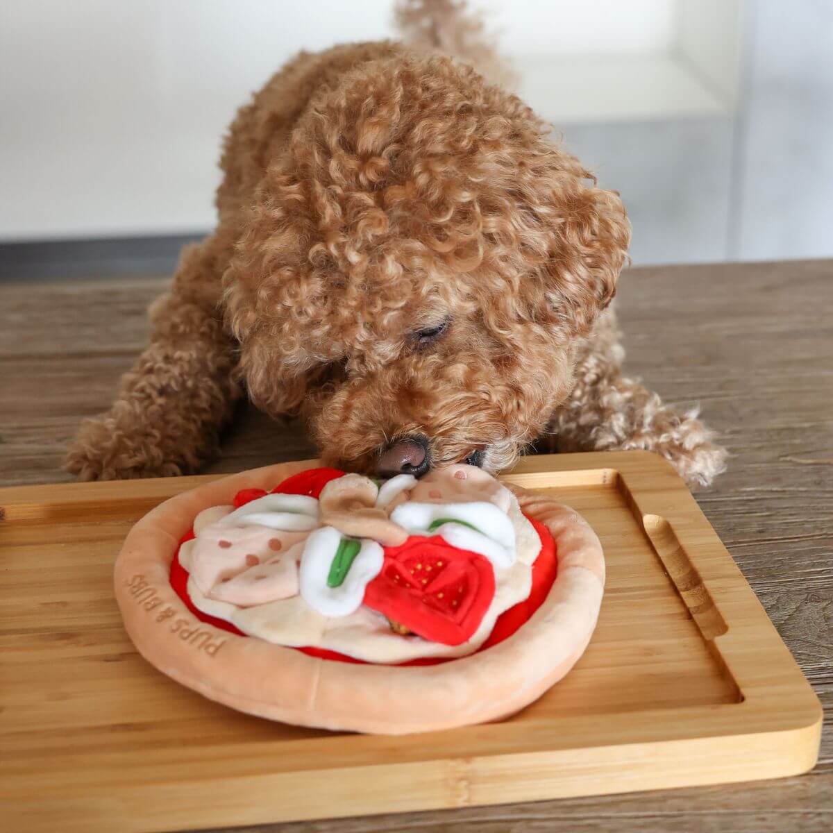 Pups & Bubs Pepperoni Pizza Snuffle Mat from side view, a poodle going up to it. 