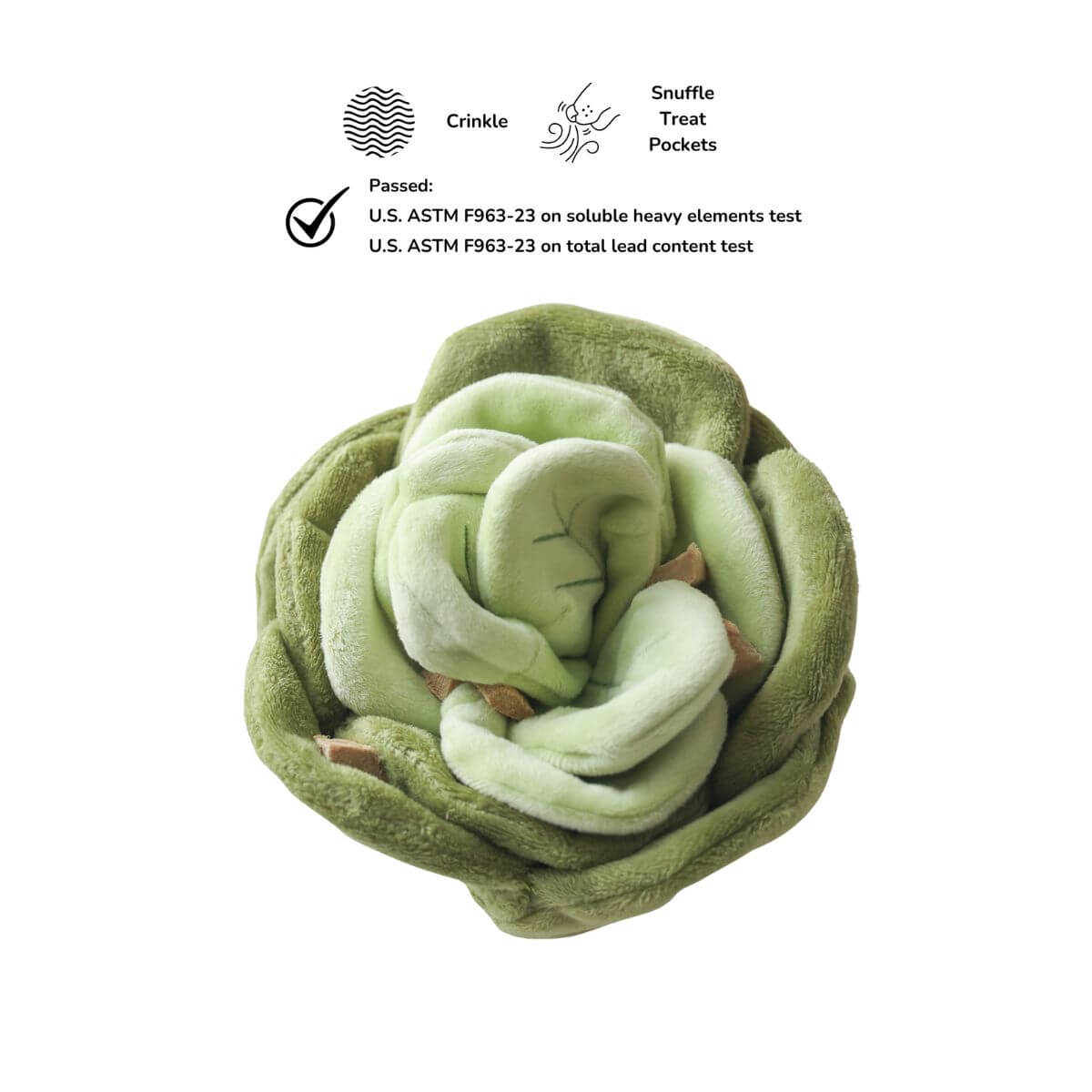 Features of the Pups & Bubs Snuffle Cabbage Nosework Toy against a white background.