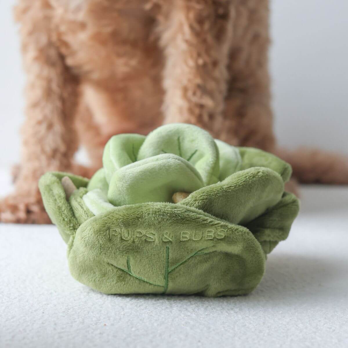 A close-up side view of the Pups & Bubs Snuffle Cabbage Nosework Toy.