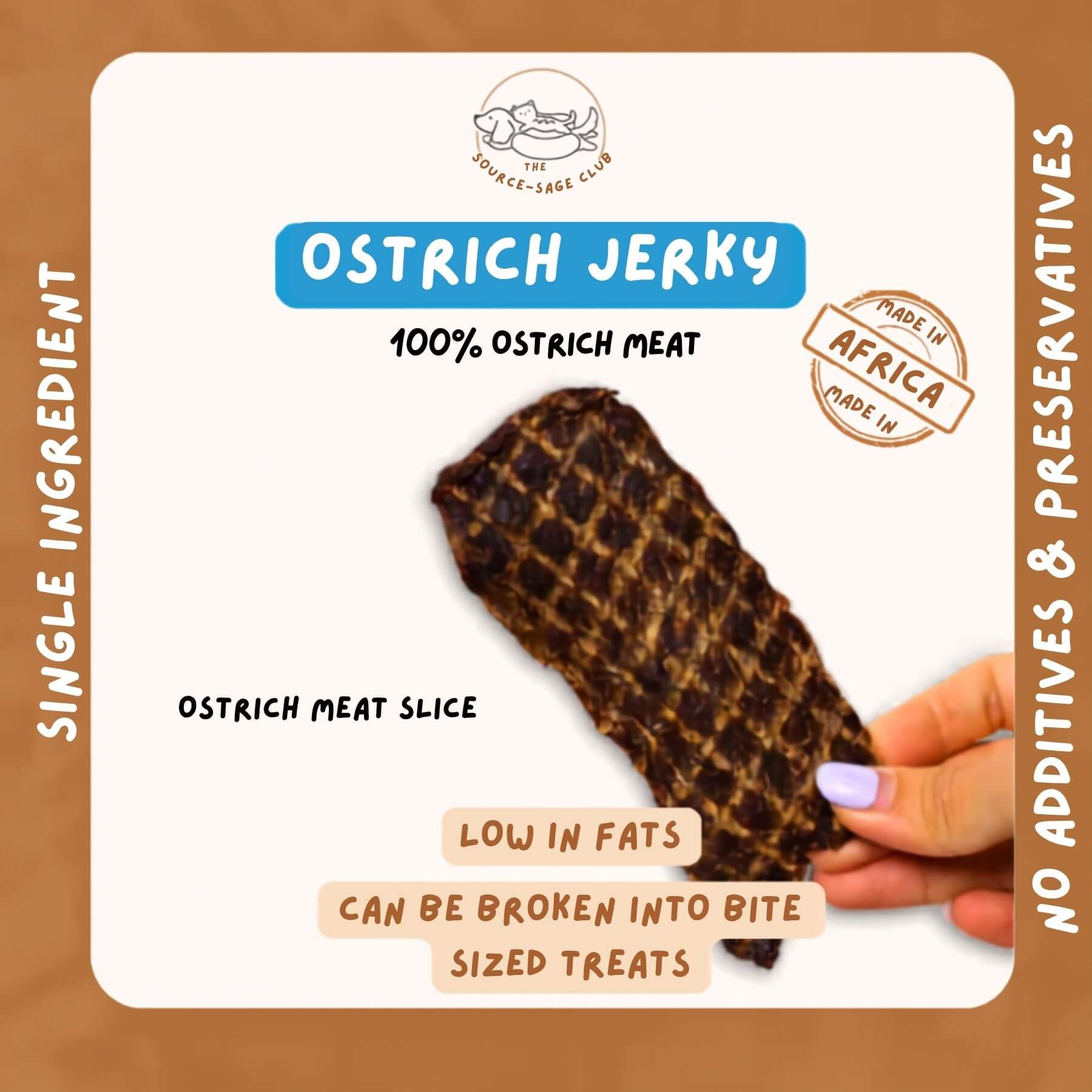 source-sage club ostrich jerky meat slice against a white background.
