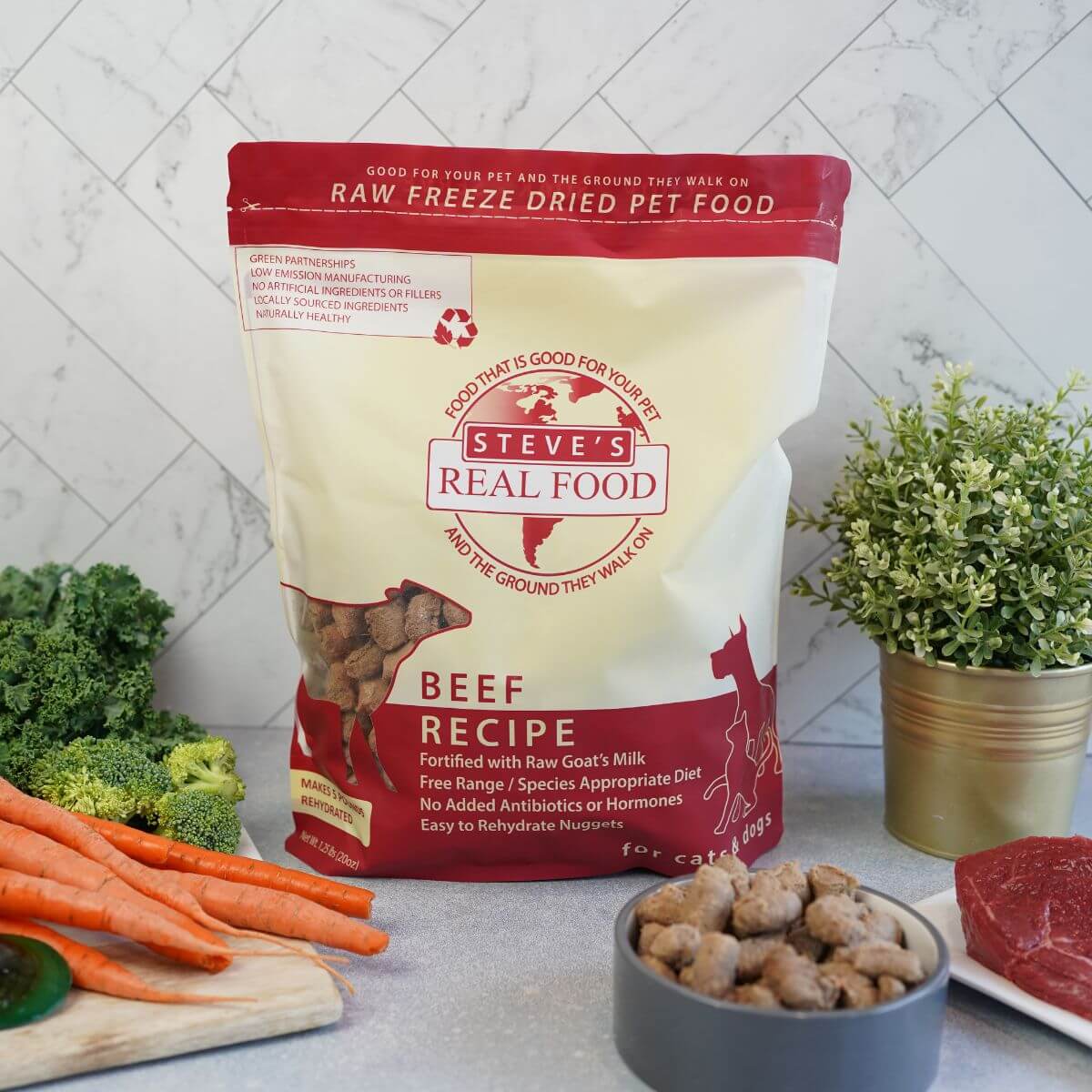 Steve's Real Food Freeze Dried Beef Nuggets on a kitchen counter top.