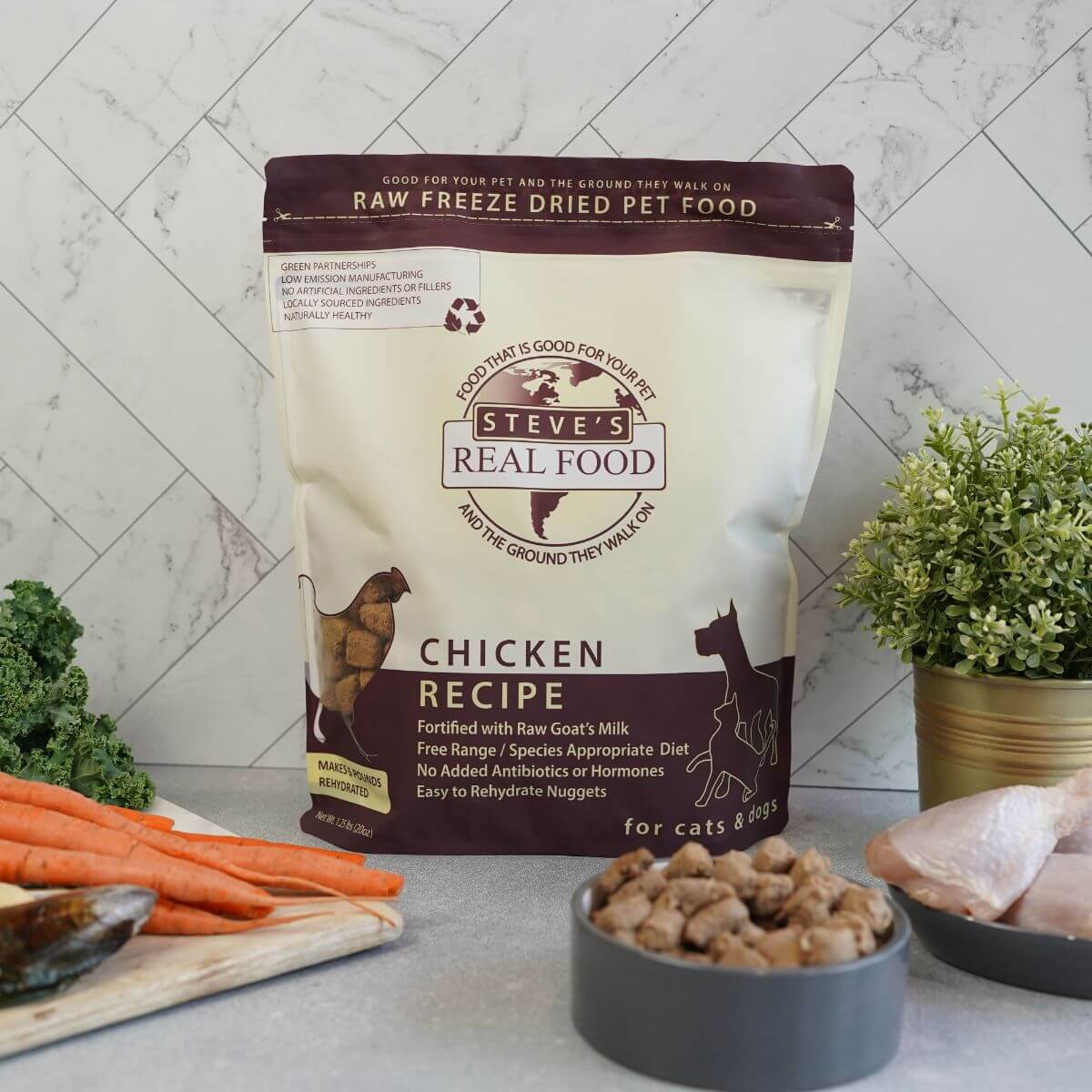Steve's Real Food Chicken Freeze Dried Nuggets against a kitchen background.