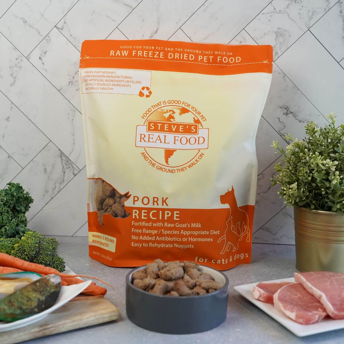 Steve's Real Food Pork Freeze Dried Nuggets against a kitchen background.