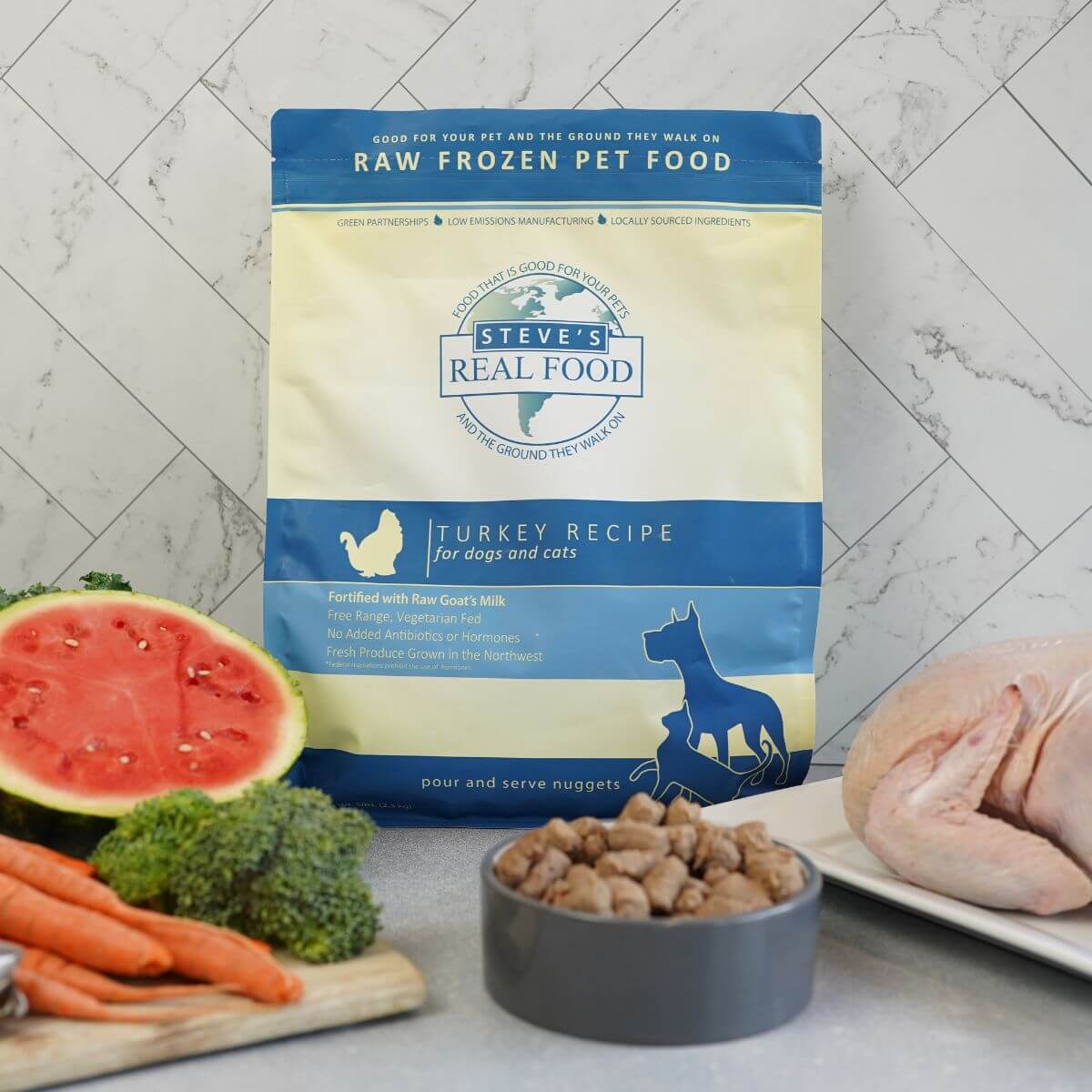Steve's Real Food Freeze Dried Turkey Nuggets against kitchen backdrop.