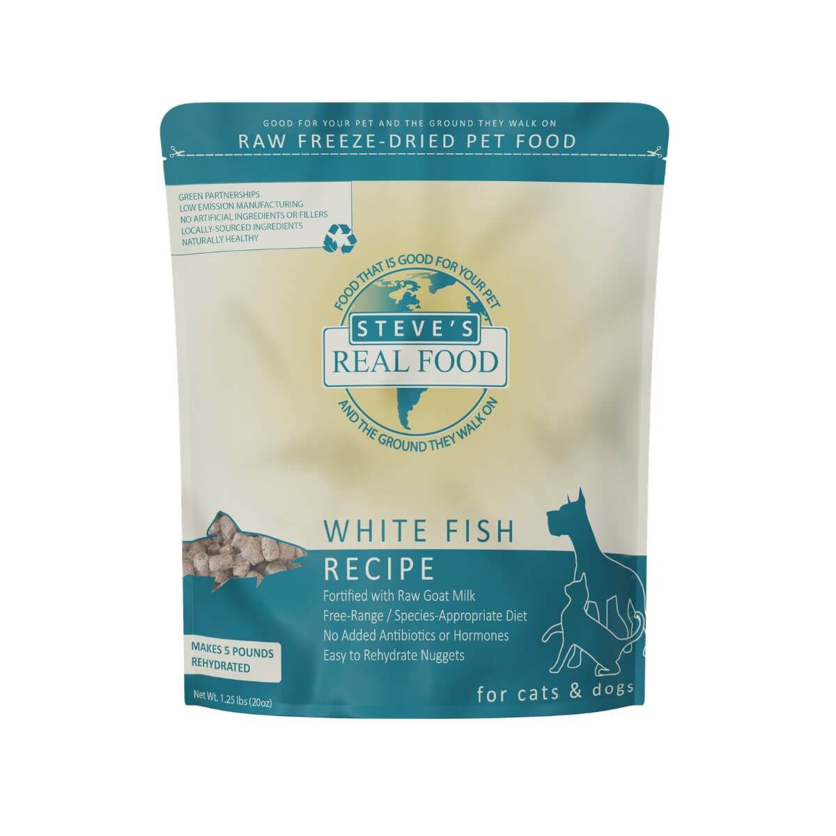 Steve's Real Food White Fish Freeze Dried Nuggets against a white background.